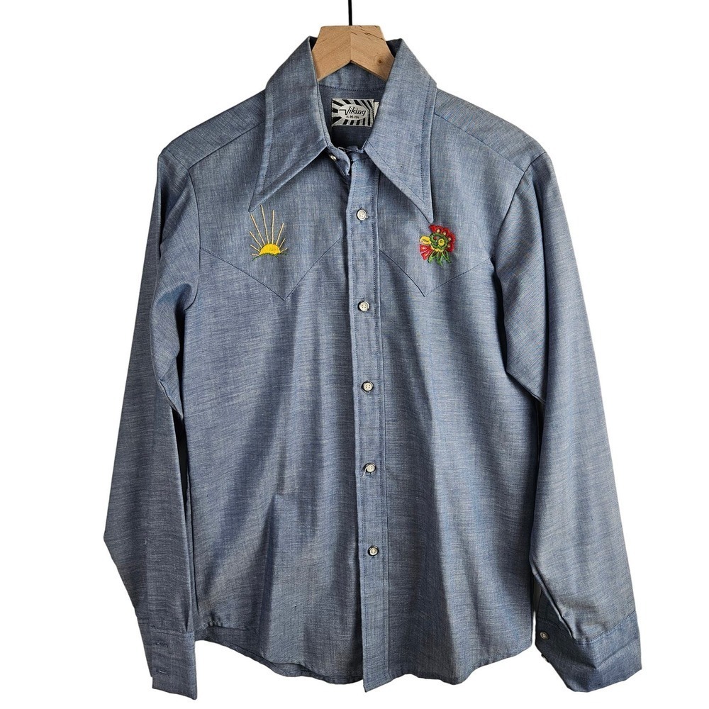 Vintage Viking Embroidered Western Shirt Button Down Men's M Blue Rooster Sun‎